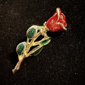 Vintage Single GOLD TONE Red Green Enamel Rose Pin Brooch 2” Valentine’s Day